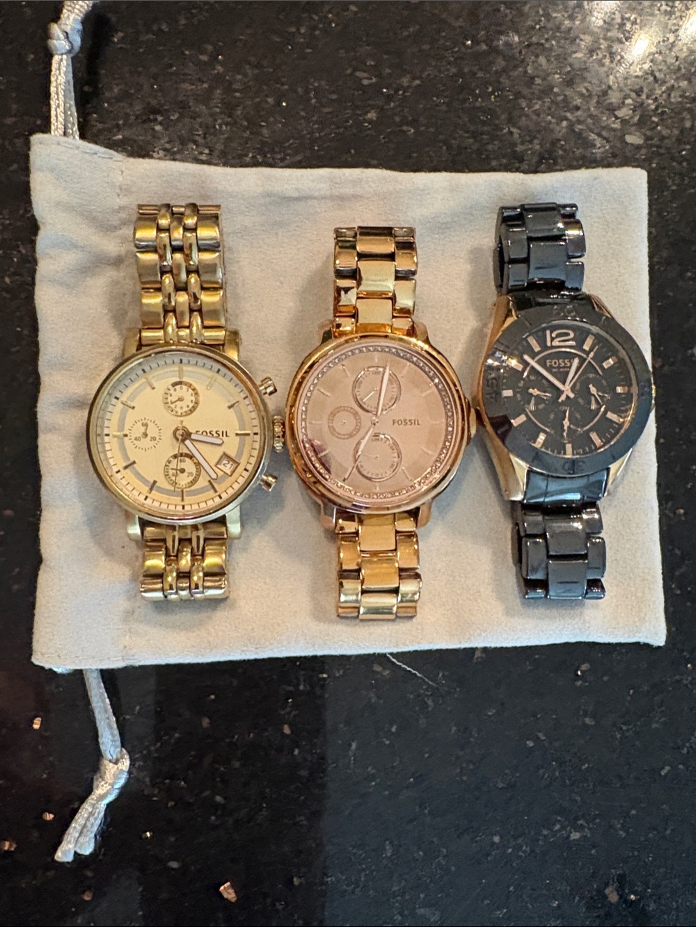 Fossil Women's Trio: Gold and Black Bracelet Watches